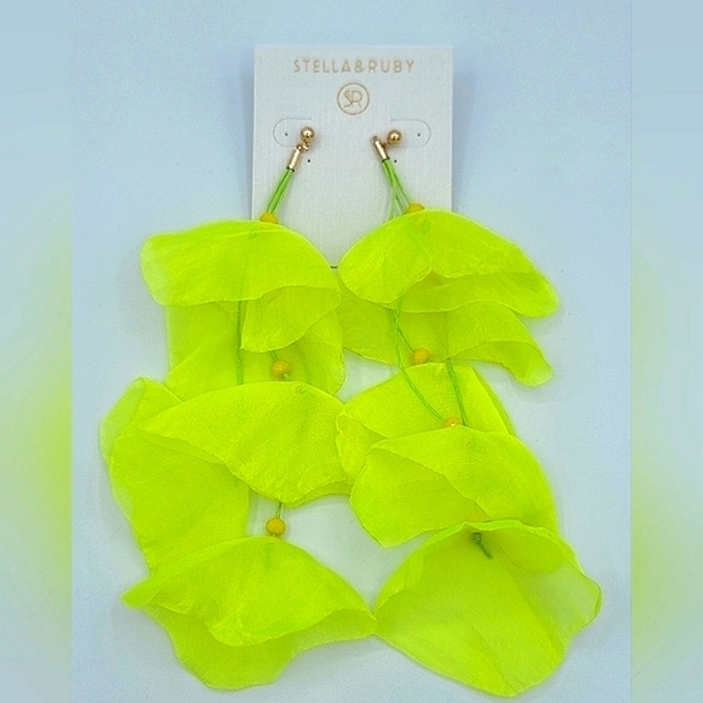 Stella & Ruby Neon Yellow Green Fabric Floral Earrings NEW #1292